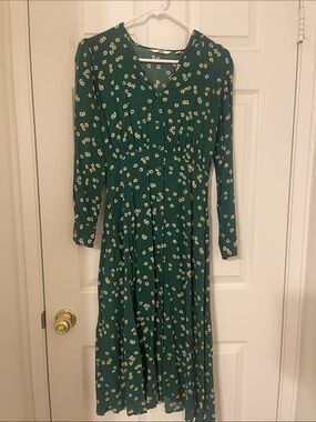 Uniqlo Dark Green Floral Long Sleeve Midi Dress
